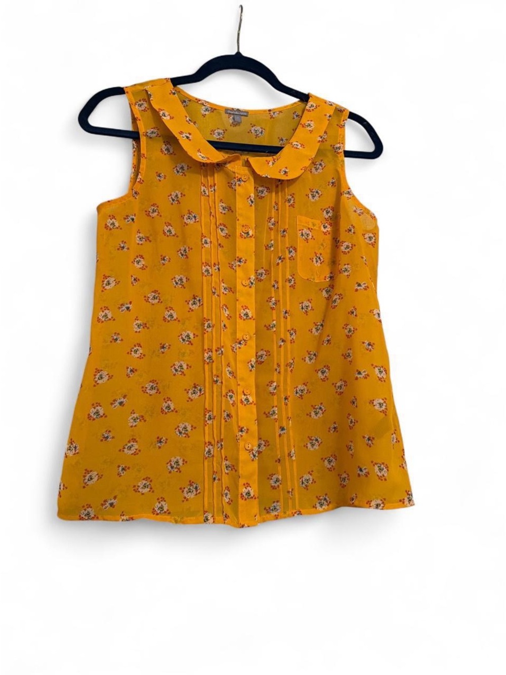 Women Yellow Floral Peter Pan Collar Sleeveless Top size M